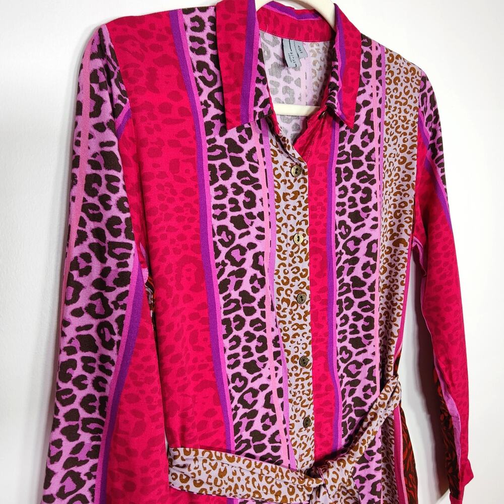 Anthropologie Blank London Renela Shirt Dress Pink Leopard Print Belted Size 4 - Picture 3 of 8